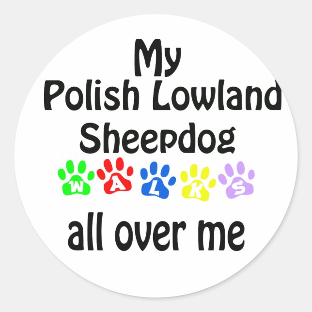 Polish Lowland Sheepdog walks Classic Round Sticker (Front)