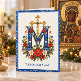 Polish Marian Monogram Folk Floral Christmas Holiday Card