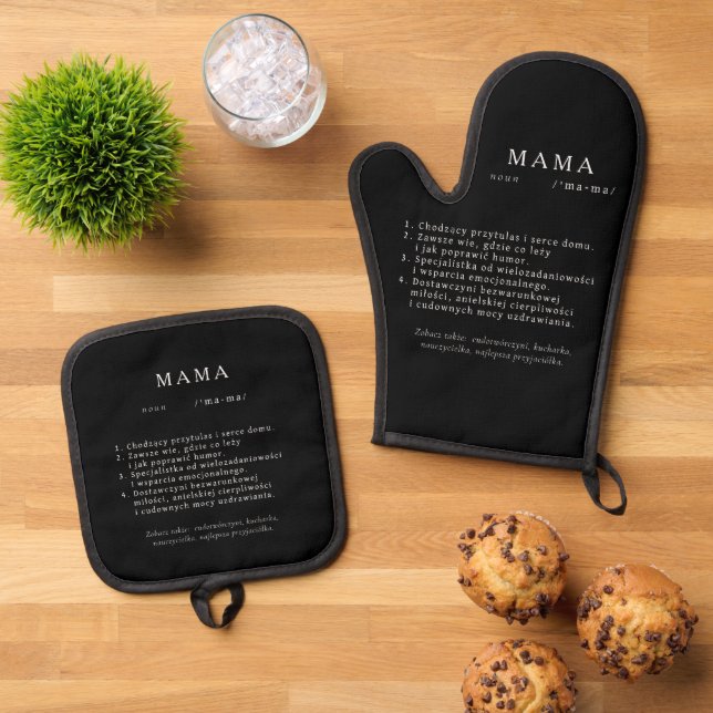 Polish Mom Gift - MAMA Definition Black Oven Mitt & Pot Holder Set (Top Down)