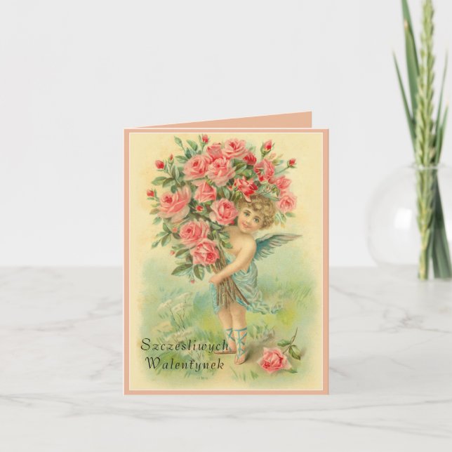Polish Valentines Day Angel with Roses Holiday Card (Front)