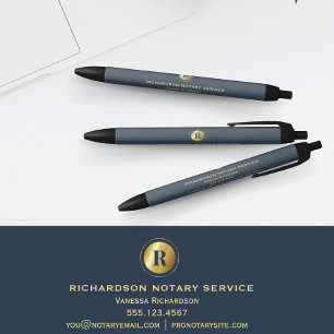 Polished Blue Classic Gold Monogram Promo Notary Black Ink Pen