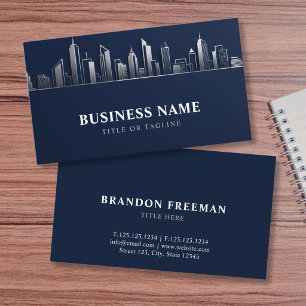 Polished Dark Navy Silver Skyline Realtor Business Card
