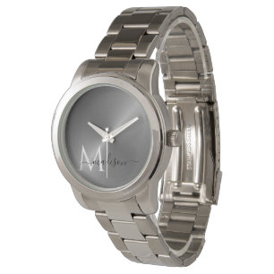 Polished Silver Radial Metallic Script Name Watch