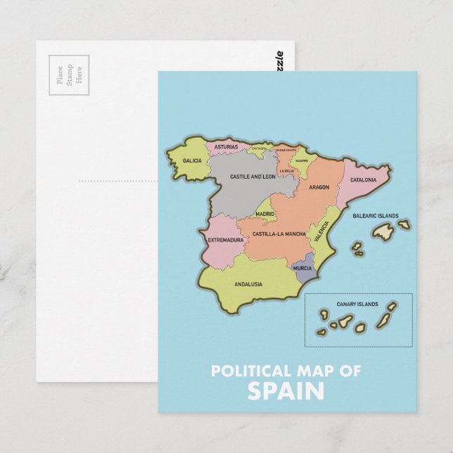 Political map of Spain. Postcard (Front/Back)