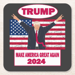 Political Trump 2024 American Flag Election Square Paper Coaster