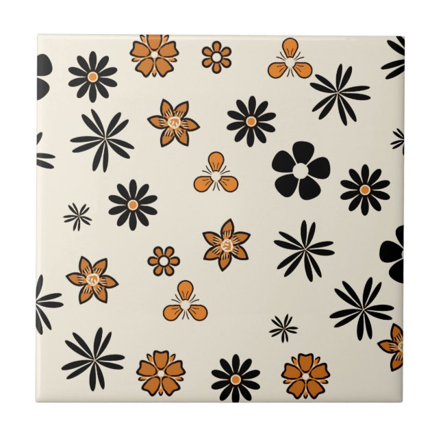 POLKA and DOTS, ORANGE AND BLACK FLOWERS Tile (Front)