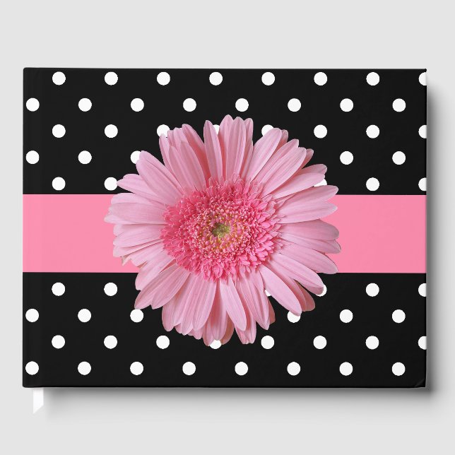 Polka Dot and Pink Gerber Daisy Wedding Guest Book (Front)