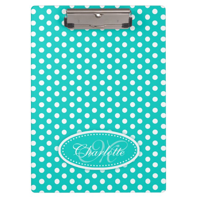 Polka dot aqua add your name and initial clipboard (Front)