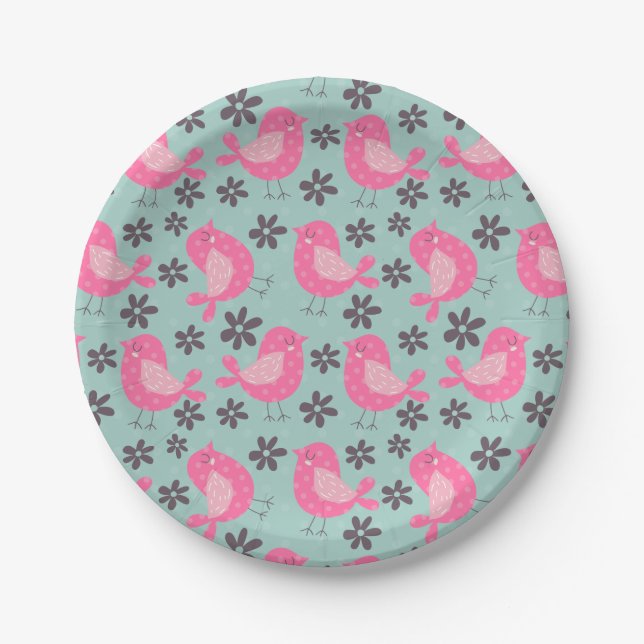 Polka Dot Birds and Flowers Paper Plate (Front)