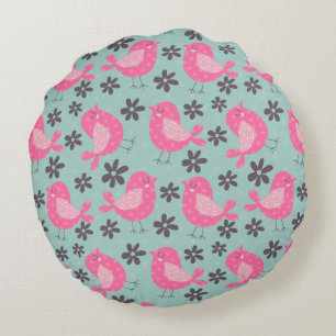 Polka Dot Birds and Flowers Round Cushion