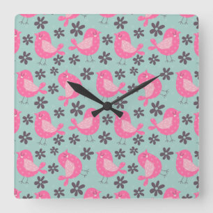 Polka Dot Birds and Flowers Square Wall Clock