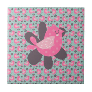 Polka Dot Birds and Flowers Tile