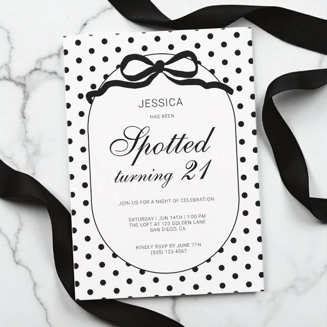 Polka Dot Black Bow Spotted Turning 21st Birthday Invitation (Polka Dot Black Bow Spotted Turning 21st Birthday Invitation)