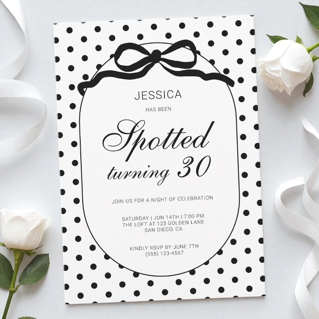 Polka Dot Black Bow Spotted Turning 30th Birthday Invitation (Polka Dot Black Bow Spotted Turning 30th Birthday Invitation)