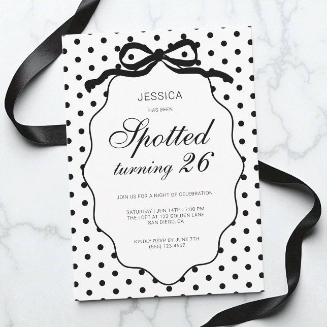 Polka Dot Black Bow Spotted Turning Birthday Party Invitation (Polka Dot Black Bow Spotted Turning Birthday Party Invitation)