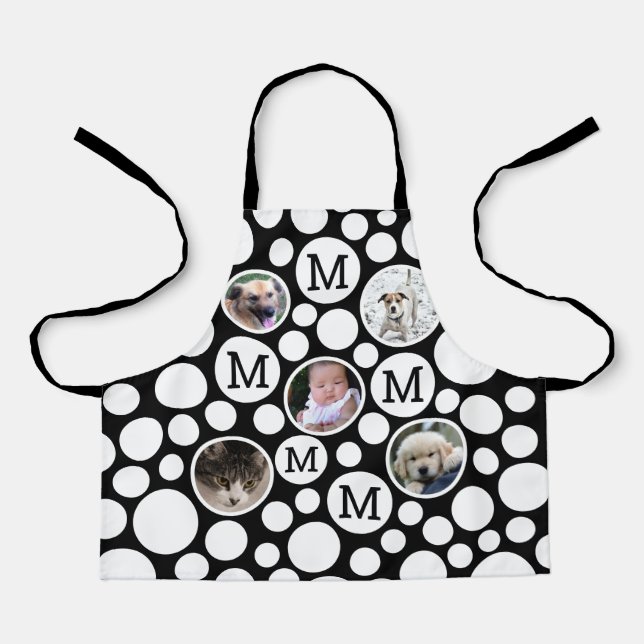 Polka Dot Black White 5 Photo Unisex Custom Apron (Front)