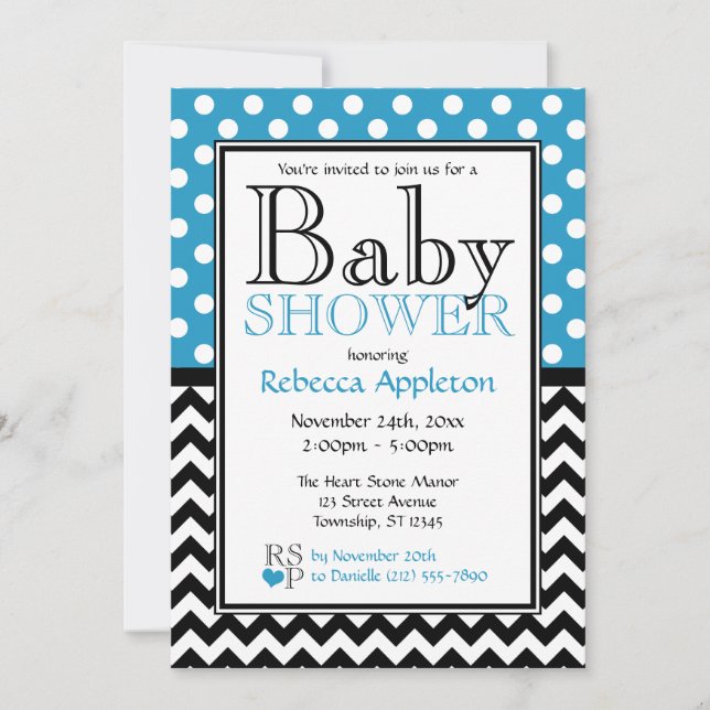Polka Dot Blue & Chevron Baby Shower Invitation (Front)