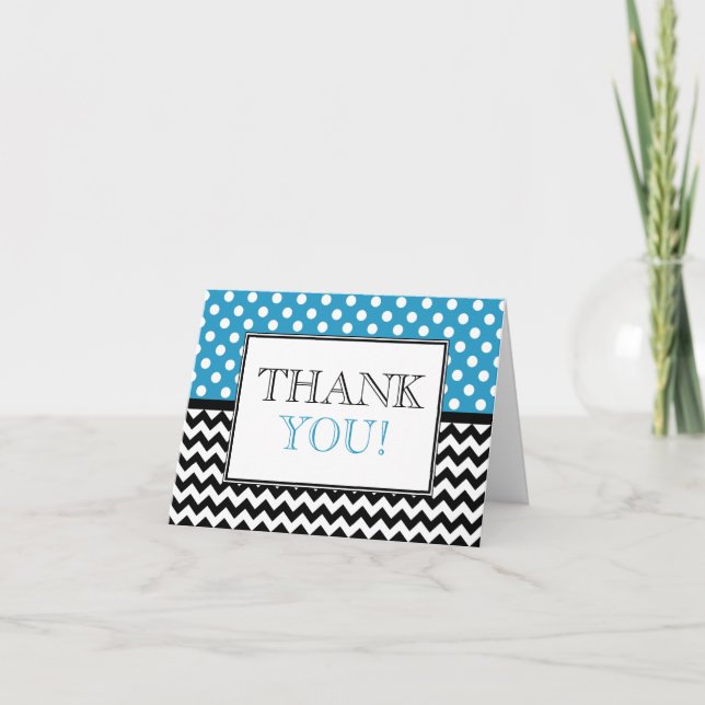 Polka Dot Blue & Chevron Thank You Card (Front)