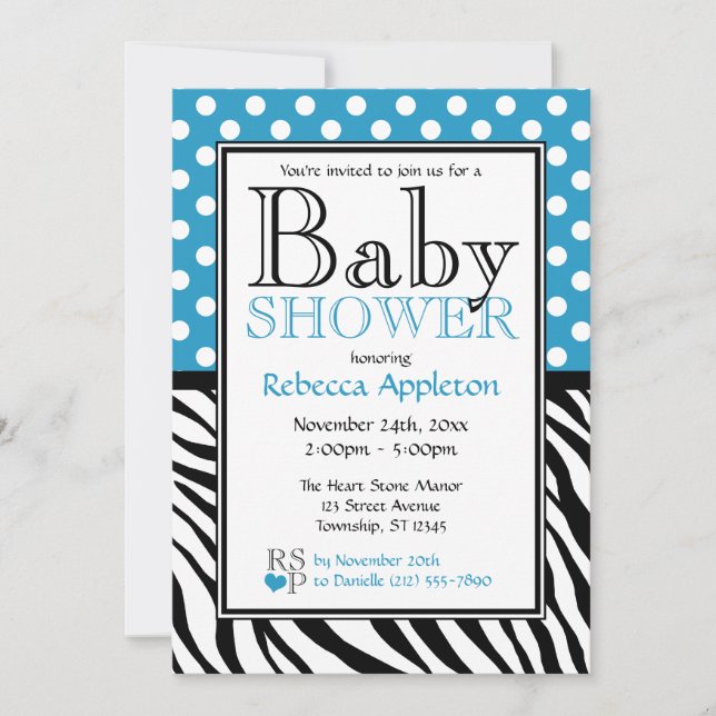 Polka Dot Blue & Zebra Print Baby Shower Invitation (Front)