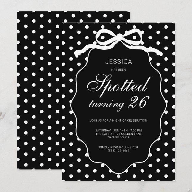 Polka Dot Bow Black Spotted Turning Birthday Party Invitation (Front/Back)