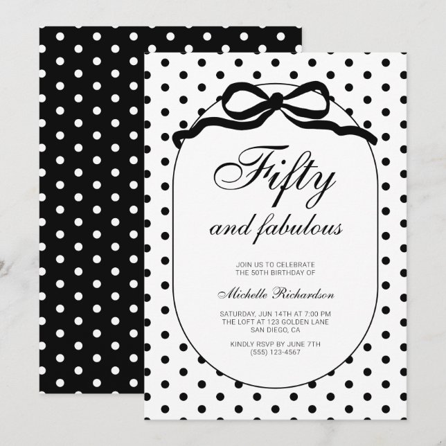 Polka Dot Bow Fifty and Fabulous 50th Birthday Invitation (Front/Back)