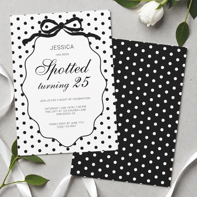 Polka Dot Bow Spotted Turning 25th Birthday Party Invitation (Polka Dot Bow Spotted Turning 25th Birthday Party Invitation)