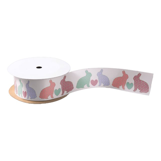 Polka Dot Bunnies and Hearts Pattern on Pink Satin Ribbon (Spool)