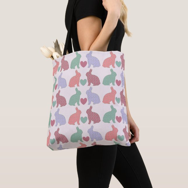 Polka Dot Bunnies and Hearts Pattern on Pink Tote Bag (Close Up)