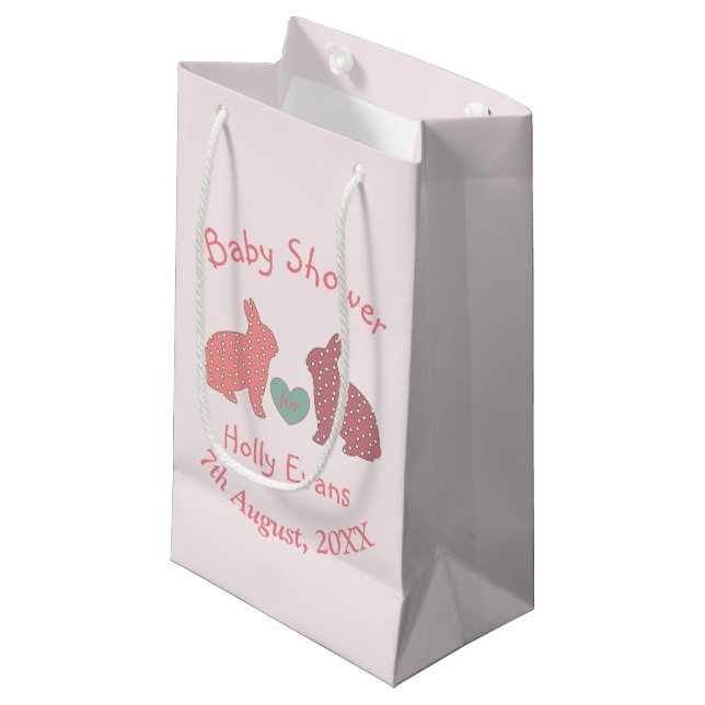 Polka Dot Bunnies Baby Shower Pink Custom Small Gift Bag (Front Angled)