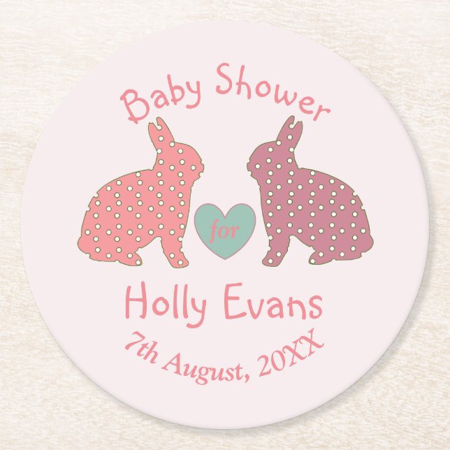 Polka Dot Bunnies Custom Baby Shower Round Paper Coaster (Front)