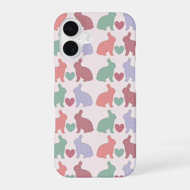 Polka Dot Bunnies Pattern on Pink iPhone 16 Case (Back)