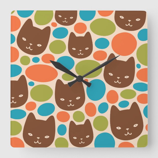 Polka Dot Cats Pattern Square Wall Clock (Front)