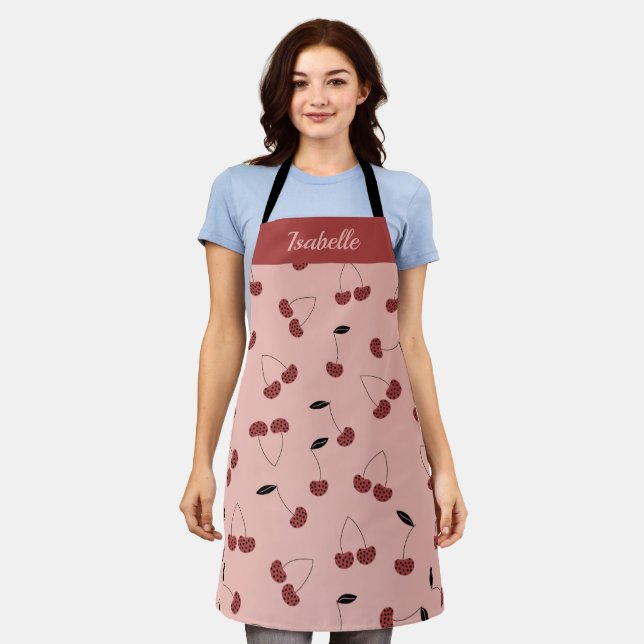 Polka dot cherry fruit pattern with custom name apron (Worn)