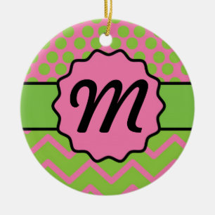 Polka Dot Chevron Pink and Green with Monogram Ceramic Tree Decoration