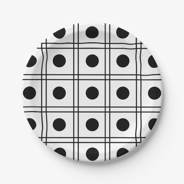 Polka Dot Circle Black and White Check Pattern Paper Plate (Front)