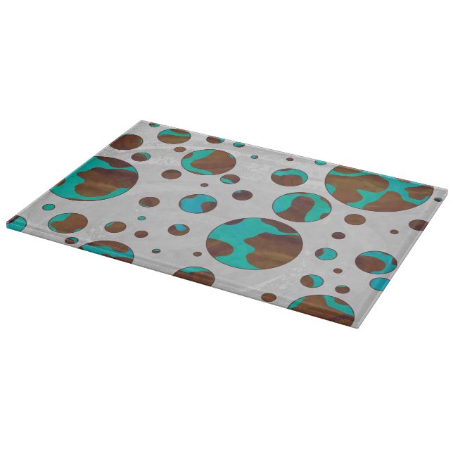 Polka Dot Cow Brown and Teal Print Cutting Board (Corner)