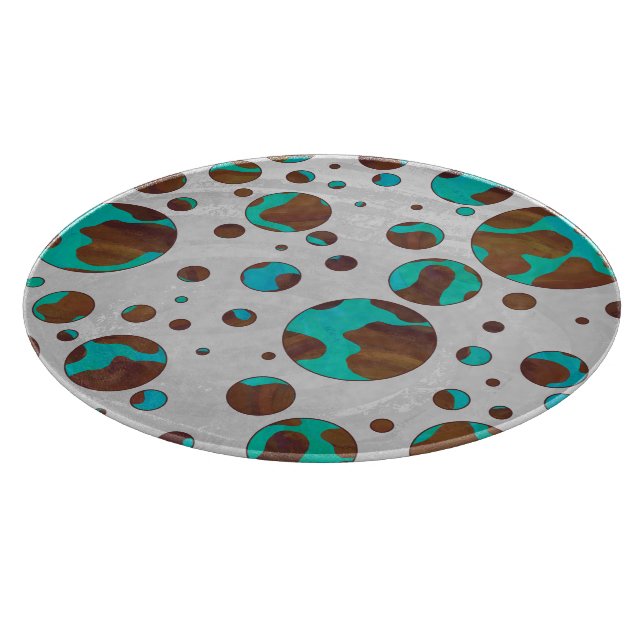 Polka Dot Cow Brown and Teal Print Cutting Board (Corner)