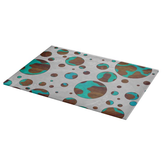 Polka Dot Cow Brown and Teal Print Cutting Board (Corner)