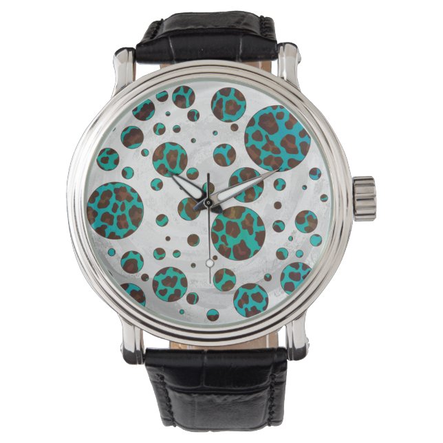 Polka Dot Cow Brown and Teal Print Watch (Front)