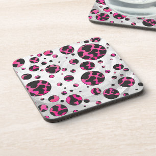 Polka Dot Cow Hot Pink and Black Print Coaster