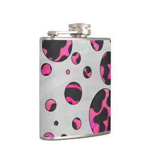 Polka Dot Cow Hot Pink and Black Print Hip Flask
