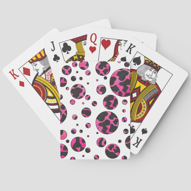 Polka Dot Cow Hot Pink and Black Print Playing Cards (Back)