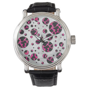 Polka Dot Cow Hot Pink and Black Print Watch