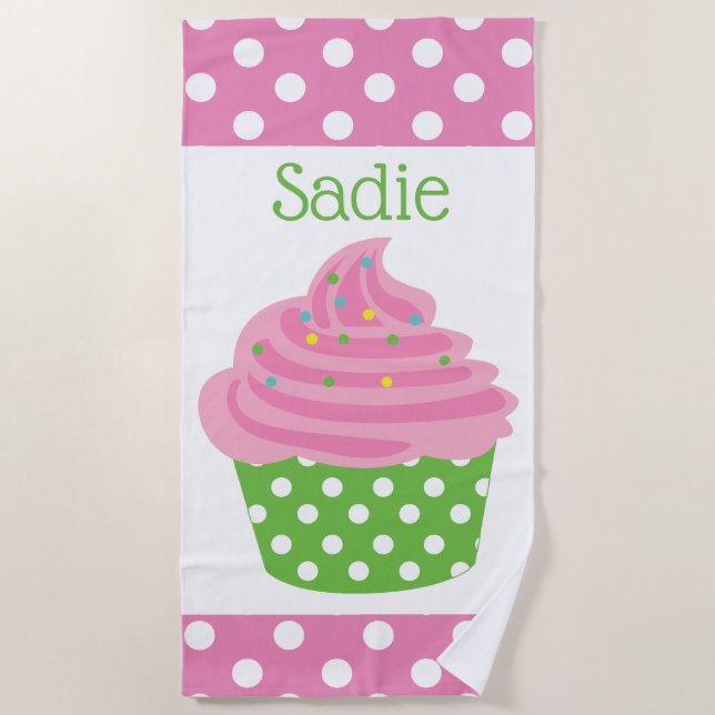 Polka Dot Cupcake Personalized Beach Towel (Front)
