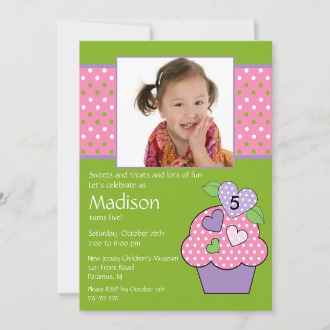 Polka Dot Cupcake Photo 6th Birthday Invitation (Front)