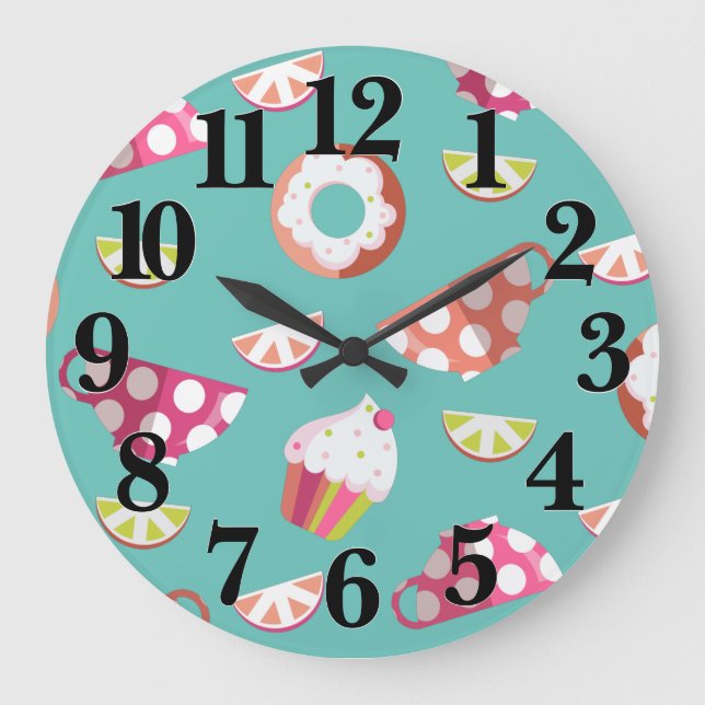 Polka Dot Cups Cakes Doughnuts Lemons Grapefruits Large Clock (Front)