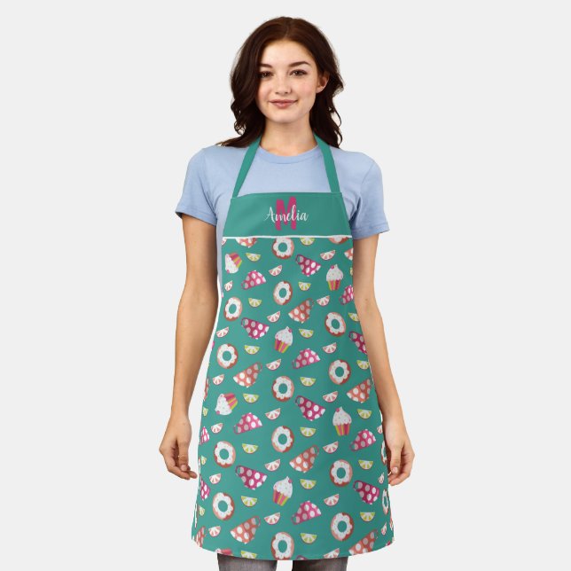 Polka Dot Cups Cakes Doughnuts Lemons Monogram Apron (Worn)