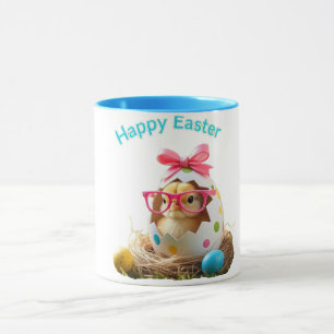 Polka Dot Egg Chick with Glasses Happy Easter Mug