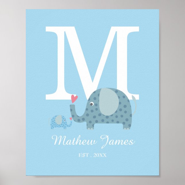 Polka Dot Elephant Initial Monogram Nursery Poster (Front)