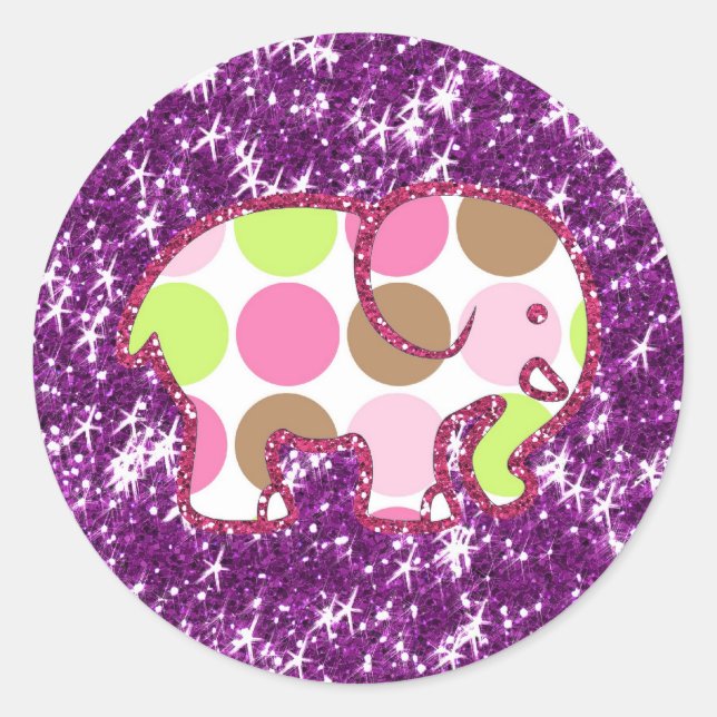 Polka Dot Elephant Sparkly Purple Girly Gifts Classic Round Sticker (Front)